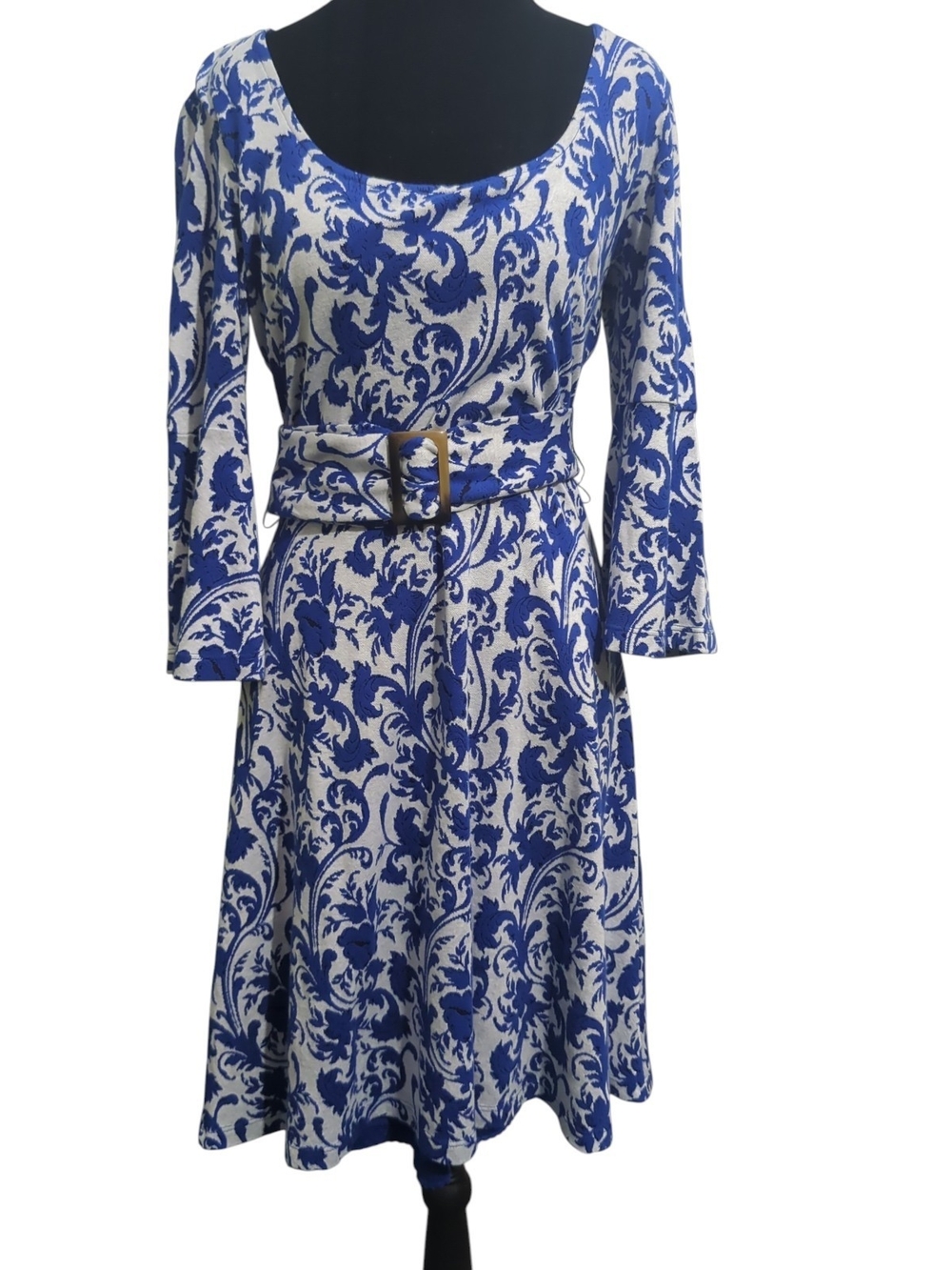Anthropologie Maeve Leonie Blue White Damask Scroll Belted Flare Sleeve Dress S